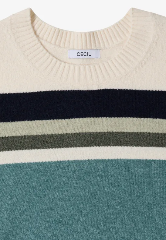 Heller Pullover mit breiten horizontalen Streifen in Creme, Schwarz, Oliv und Petrol.