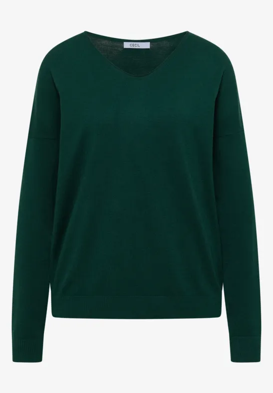Pull vert foncé à col V et manches longues, design épuré.