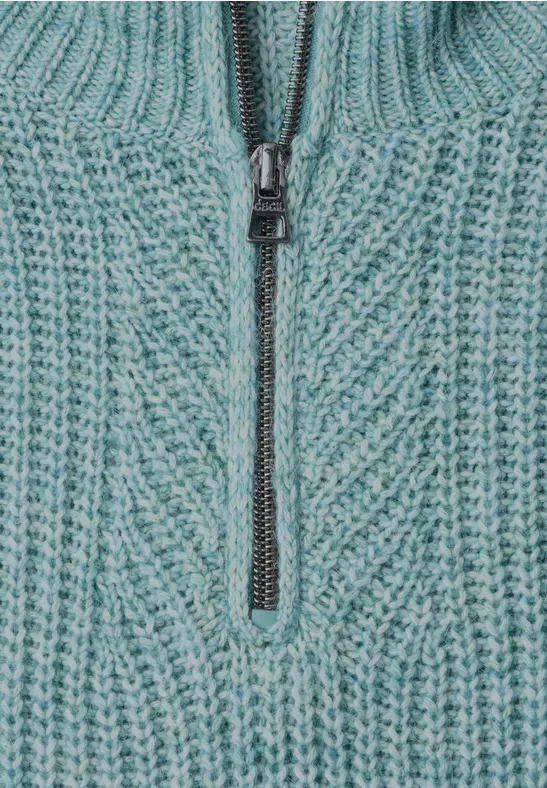 Pull épais turquoise en maille avec fermeture éclair courte et col côtelé