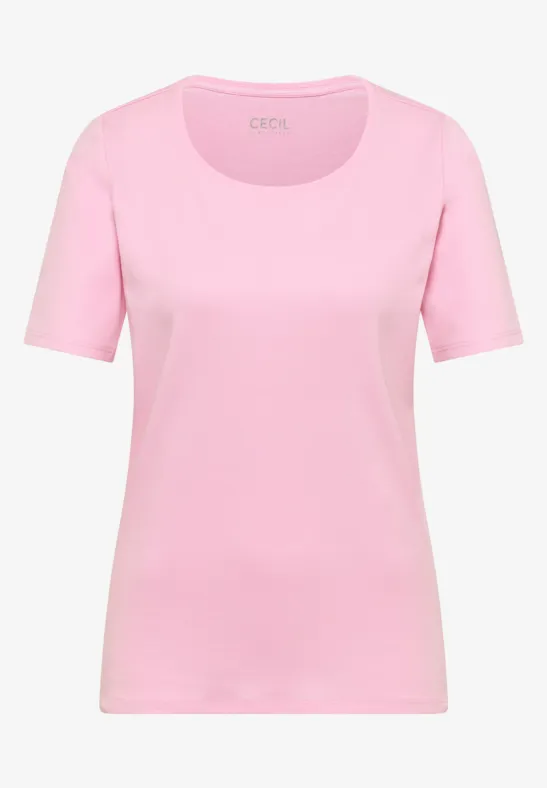 T-shirt rose uni, col rond et manches courtes.