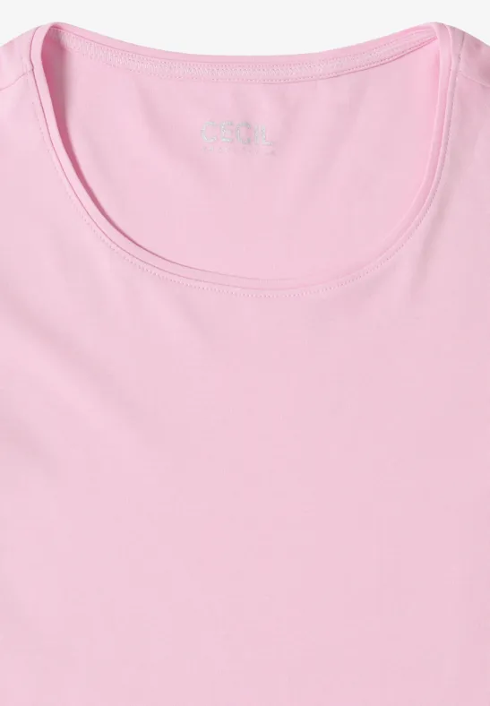 T-shirt rose uni pour femmes avec encolure ronde, manches courtes et tissu doux.