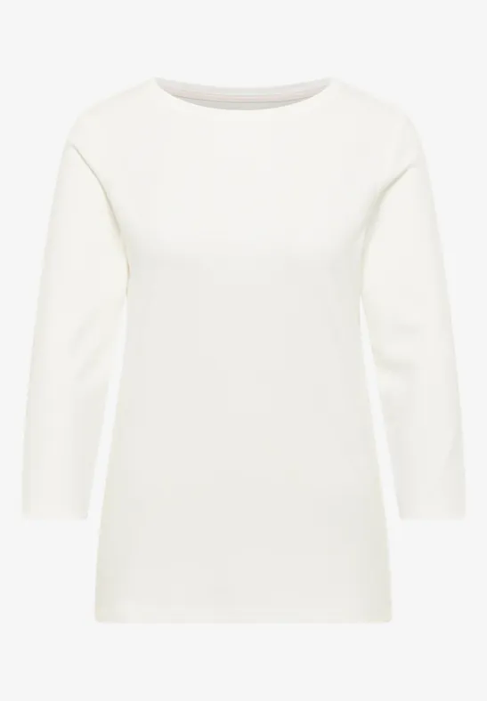 Weißes Langarmshirt mit Rundhalsausschnitt.