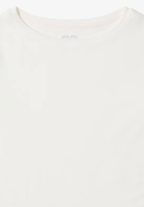 Weißes T-Shirt mit Rundhalsausschnitt, schlicht und einfarbig.