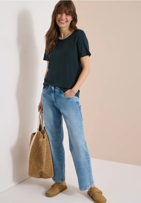 Basic T-Shirt mit Rundhals in Unifarbe deep petrol blue