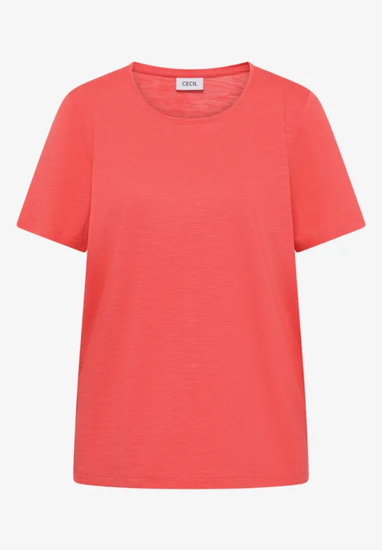 Rotes, schlichtes T-Shirt mit Rundhalsausschnitt, kurzen Ärmeln und gerader Passform.
