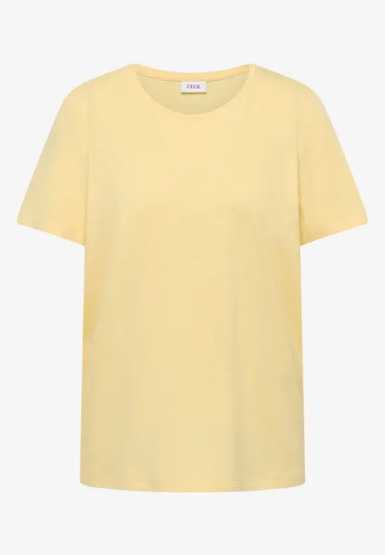 Schlichtes, gelbes Kurzarm-T-Shirt mit Rundhalsausschnitt.