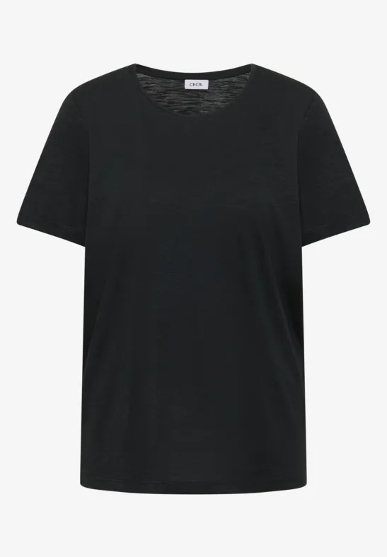 Schlichtes schwarzes T-Shirt mit Rundhals aus Baumwollmischung.