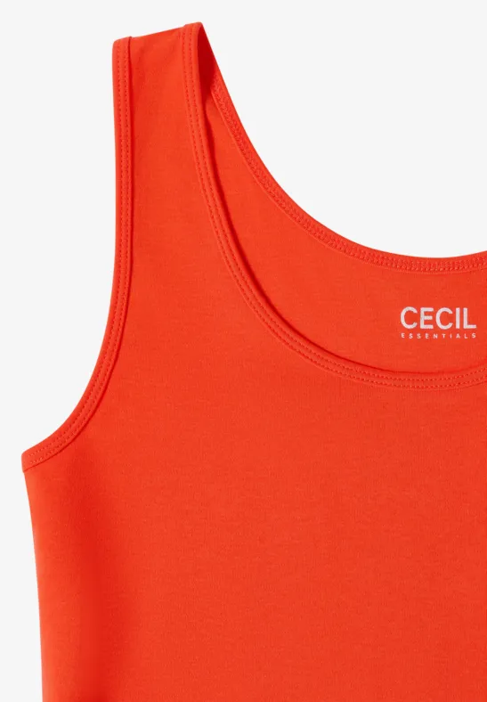 Ein rotes, ärmelloses Tanktop mit rundem Ausschnitt und CECIL-Logo.