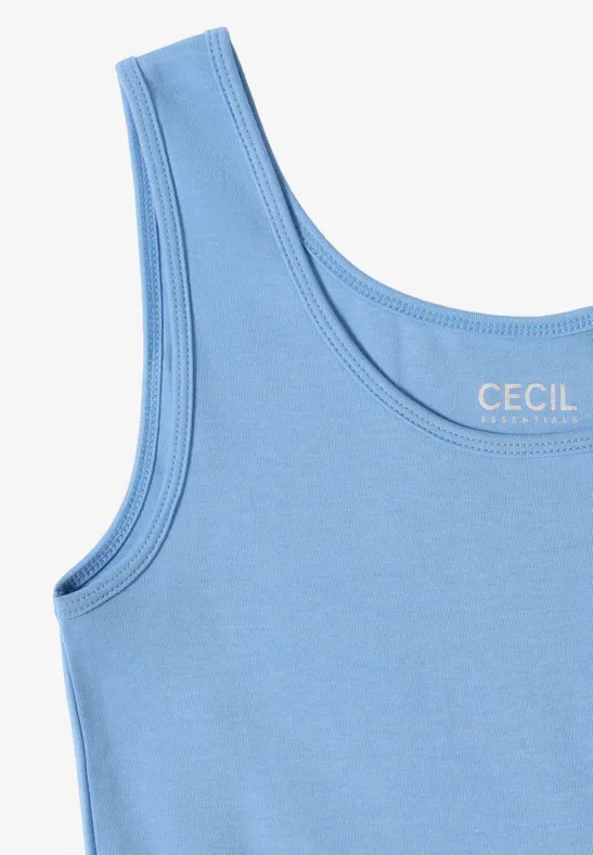 Hellblaues ärmelloses Tanktop mit Rundhalsausschnitt und Logo-Aufdruck an der Innenseite.