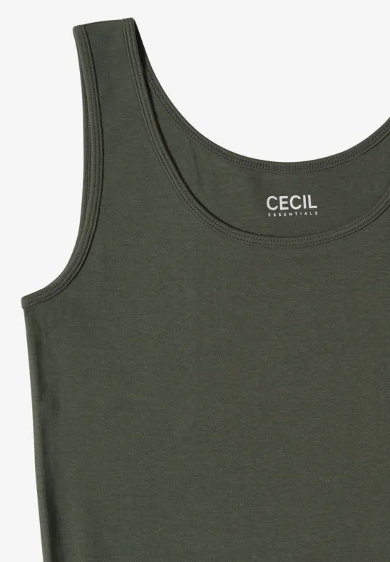 Olivegrünes, ärmelloses Tanktop mit Rundhalsausschnitt und 'CECIL' Logo im Nackenbereich.