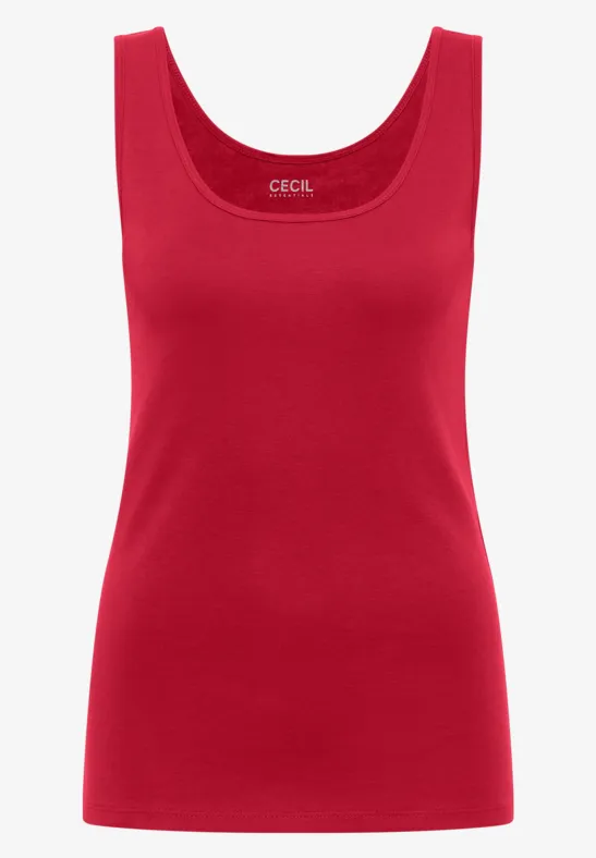 Rotes ärmelloses Damen-Top mit rundem Ausschnitt und dezentem Markenlogo.