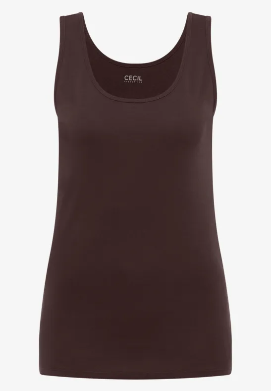 Dunkelbraunes ärmelloses Damen-Top mit rundem Ausschnitt.