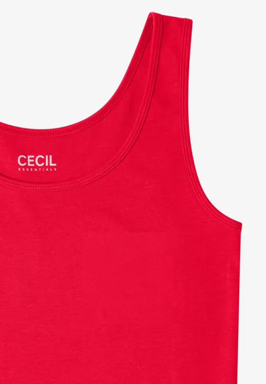 Rotes ärmelloses Tanktop mit rundem Ausschnitt und Label-Print 'Cecil' innen am Kragen