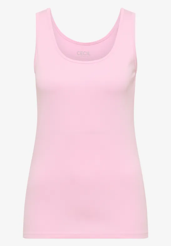 Débardeur femme uni de couleur rose clair avec encolure arrondie.