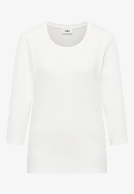 Weißes Langarmshirt mit Rundhalsausschnitt.