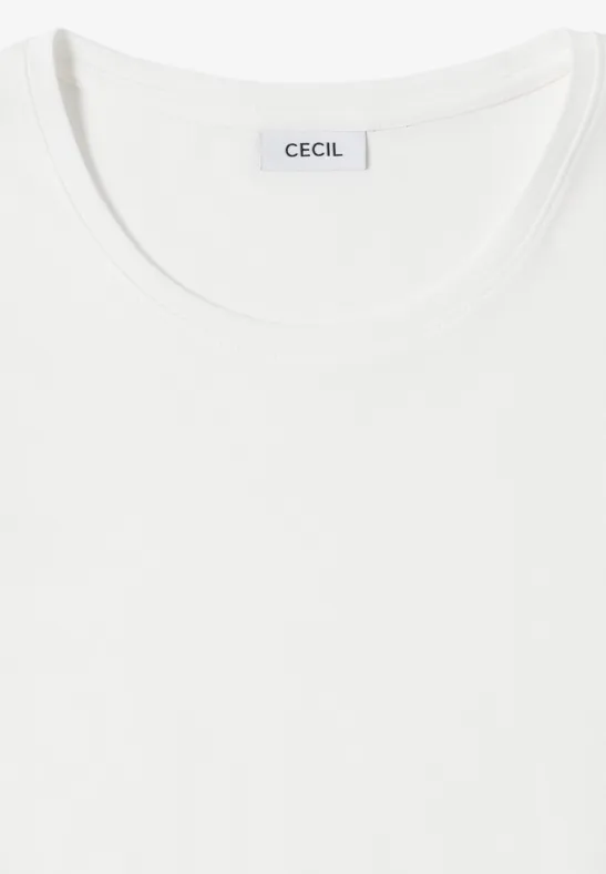 Weißes T-Shirt mit rundem Ausschnitt und CECIL-Etikett am Kragen.