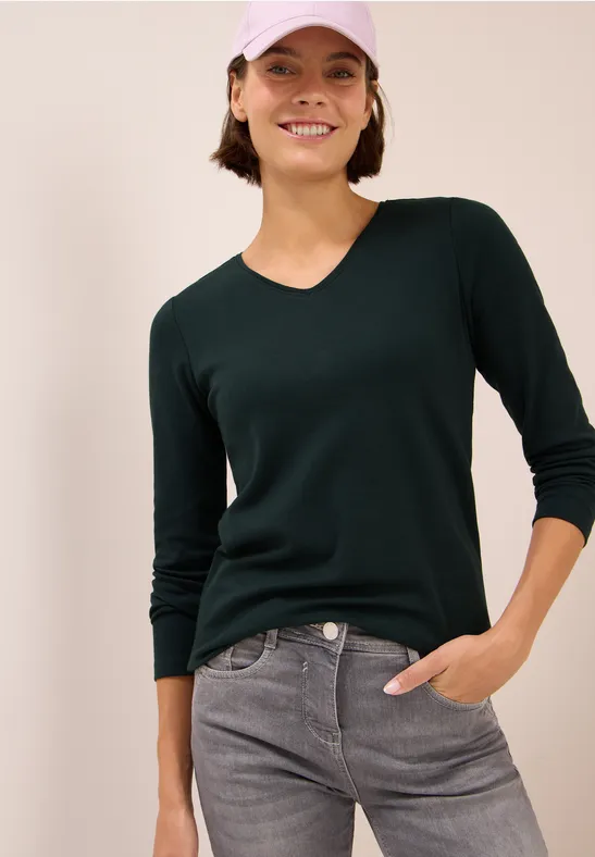 V-Neck Langarmshirt ink green