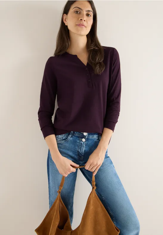 Split Neck Langarmshirt eggplant red