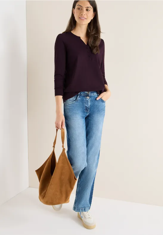 Split Neck Langarmshirt eggplant red