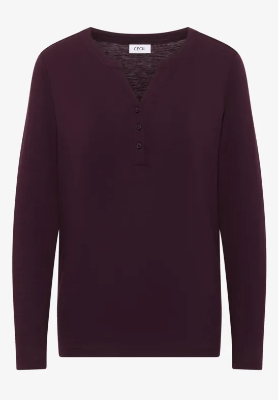 Split Neck Langarmshirt eggplant red