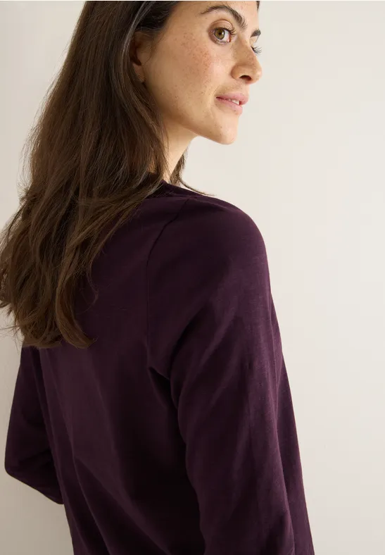 Split Neck Langarmshirt eggplant red