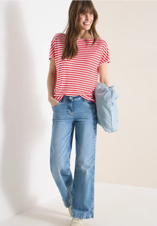 T-Shirt mit Boatneck und Streifen fresh red