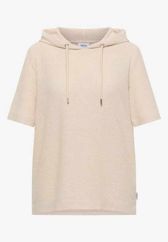 Beiges kurzes Kapuzenshirt mit kurzen Ärmeln und Kordelzug am Ausschnitt.