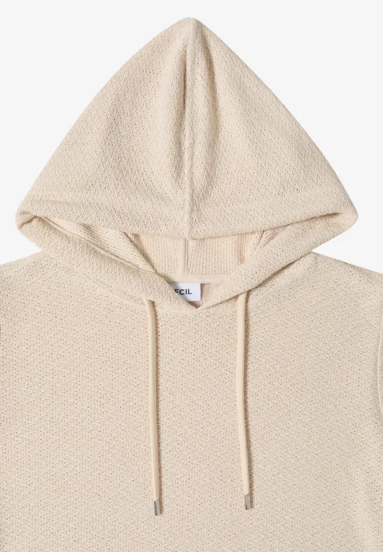 Beiger, texturierter Kapuzenpullover mit Kordelzug und schlichtem Design.
