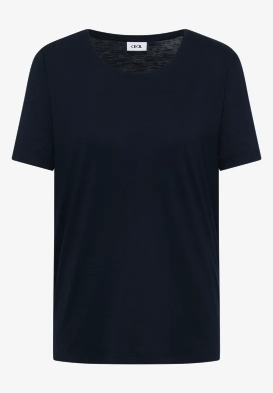 Schlichtes schwarzes T-Shirt mit Rundhalsausschnitt und kurzen Ärmeln.