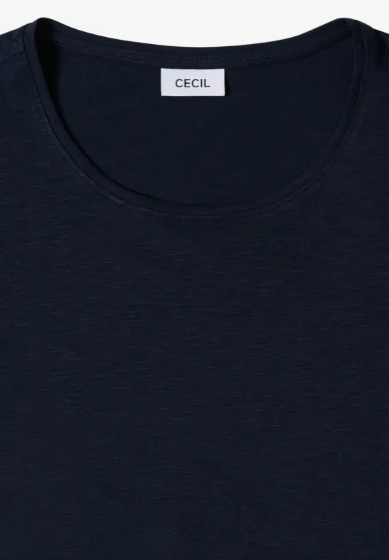 Ein schlichtes navy-blaues T-Shirt mit Rundhals und Label 'CECIL'.