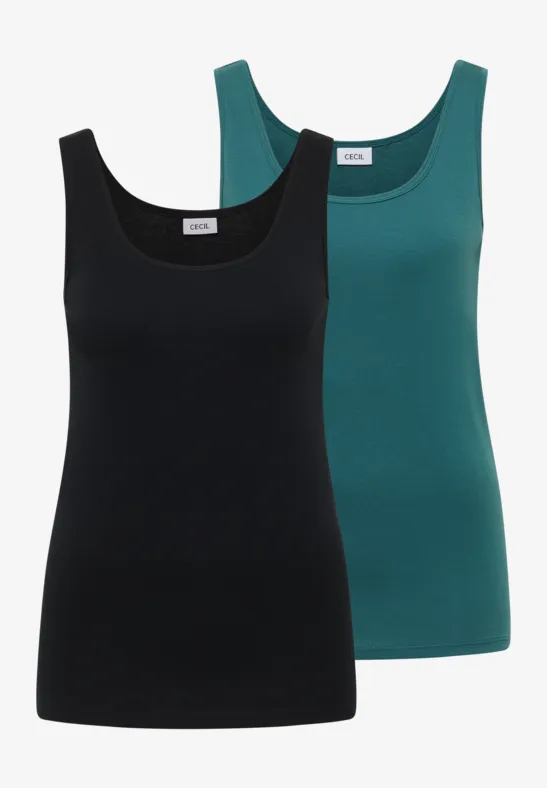 Zwei schlichte Tanktops, eins in Schwarz und eins in Petrol, ärmellos mit rundem Ausschnitt.