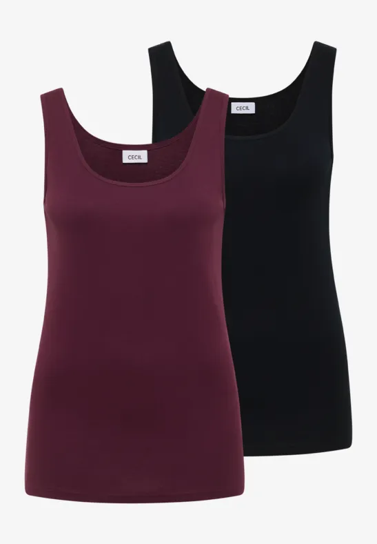 Zwei schlichte Tanktops in Burgunderrot und Schwarz, ärmellos mit rundem Ausschnitt.
