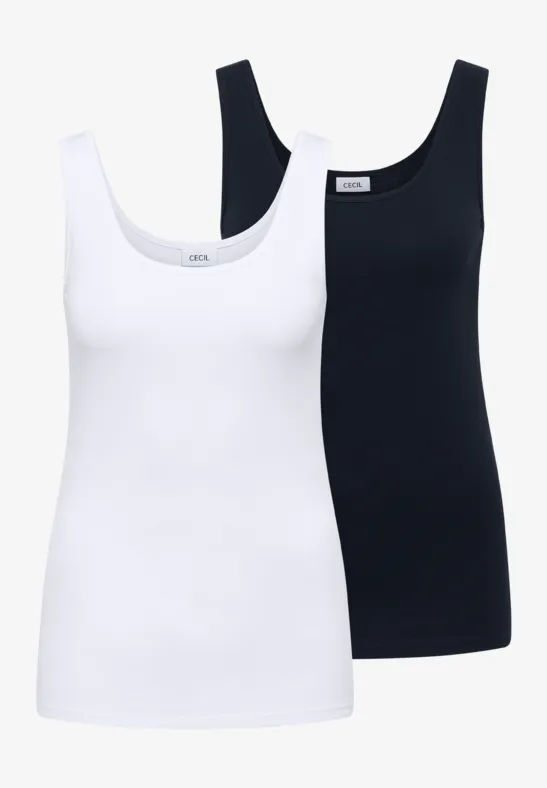 Zwei ärmellose Tops in Weiß und Schwarz, enger Schnitt, Basic-Design.