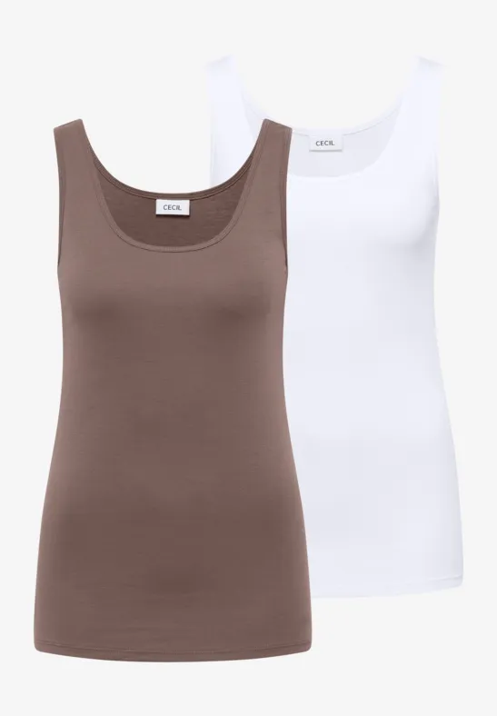 Zwei schlichte Damen-Tanktops in Braun und Weiß.
