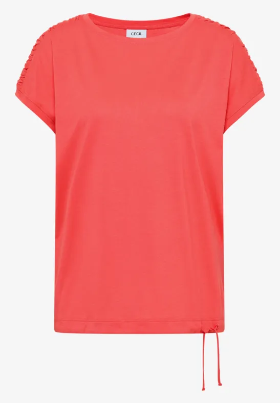 Korallfarbenes Damen-T-Shirt mit Kurzarm, Rundhalsausschnitt und seitlicher Kordel am Saum.