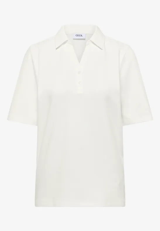 Weißes Polo-Shirt mit kurzem Arm, Polokragen und Knopfleiste.