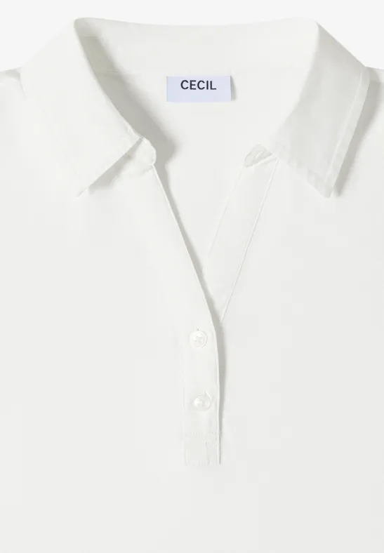Weiße Polo-Bluse mit Kragen und drei Knöpfen, Label 'CECIL' am Nacken.