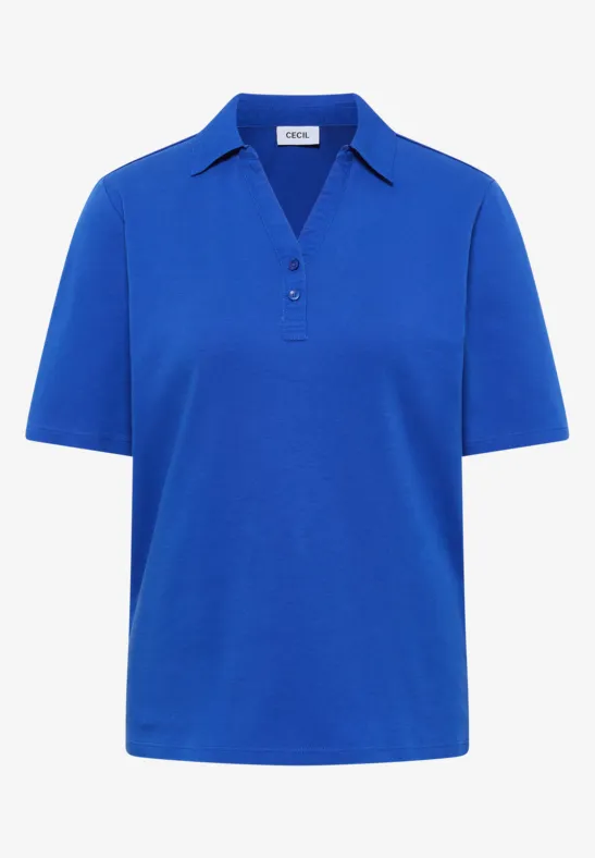 Ein schlichtes, königsblaues Kurzarm-Poloshirt mit Kragen und Knopfleiste.