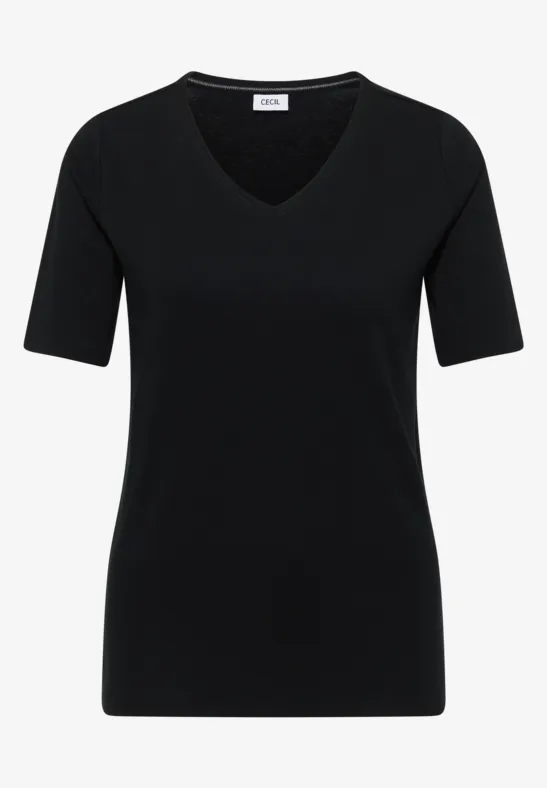 Schwarzes T-Shirt mit V-Ausschnitt und halblangen Ärmeln
