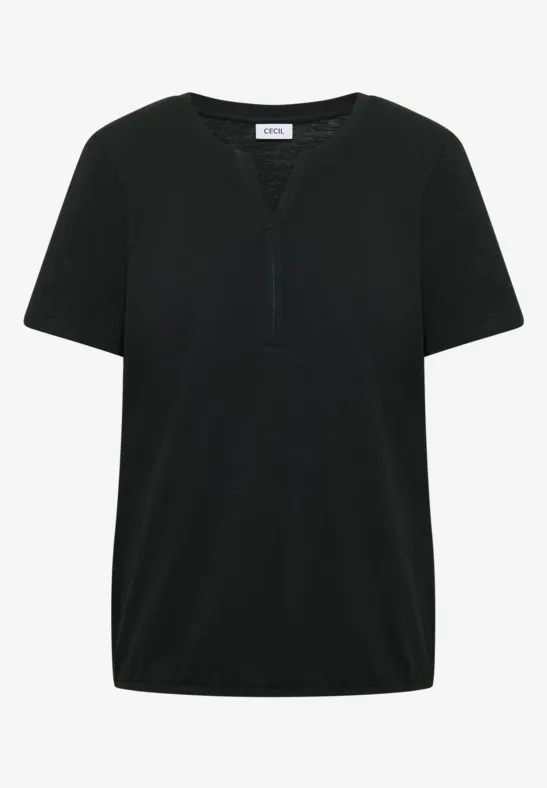 Schwarzes Kurzarmshirt mit V-Ausschnitt und Knopfleiste.