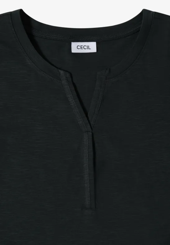 Schwarzes Kurzarmshirt mit Notch-Ausschnitt und Markenlabel 'CECIL' im Nacken.