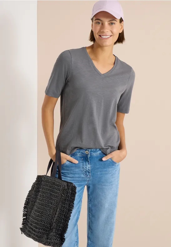 Basic T-Shirt mit Kurzarm und V-Neck graphite light grey