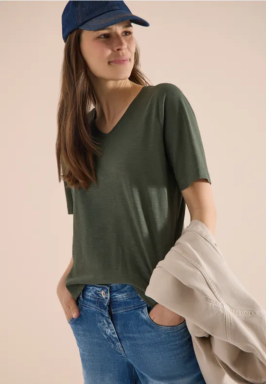 Basic T-Shirt mit Kurzarm und V-Neck khaki