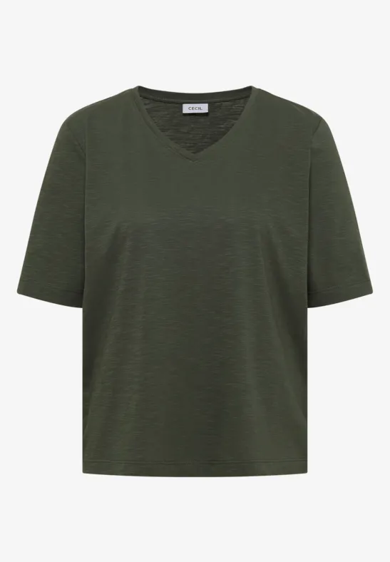 Basic T-Shirt mit Kurzarm und V-Neck khaki