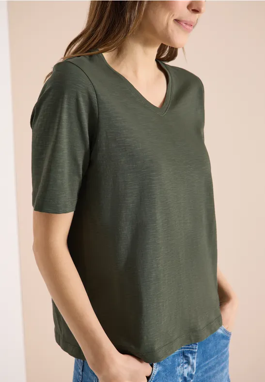 Basic T-Shirt mit Kurzarm und V-Neck khaki