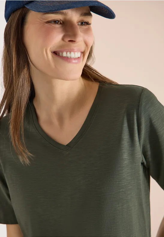 Basic T-Shirt mit Kurzarm und V-Neck khaki