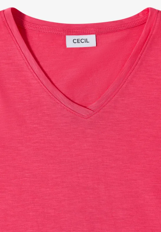 Helles pinkfarbenes V-Ausschnitt-Shirt mit kurzem Arm und Label 'CECIL'