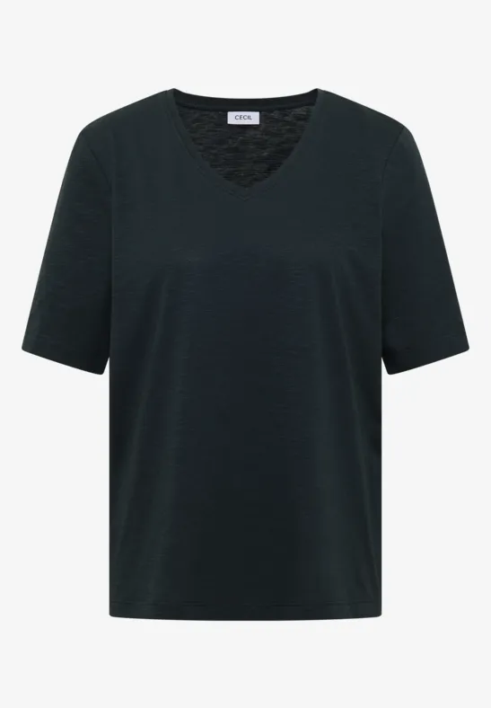 Schlichtes schwarzes V-Ausschnitt-T-Shirt mit kurzen Ärmeln.