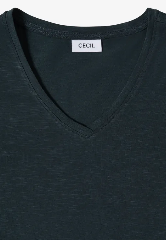 Dunkelgraues V-Shirt mit leicht meliertem Stoff und einem CECIL-Label im Kragenbereich.