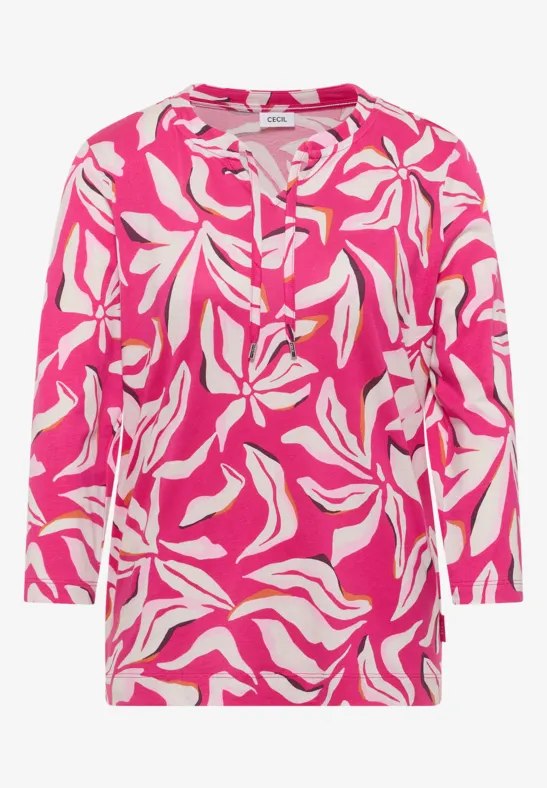 Shirt mit Split Neck und Print beetroot pink